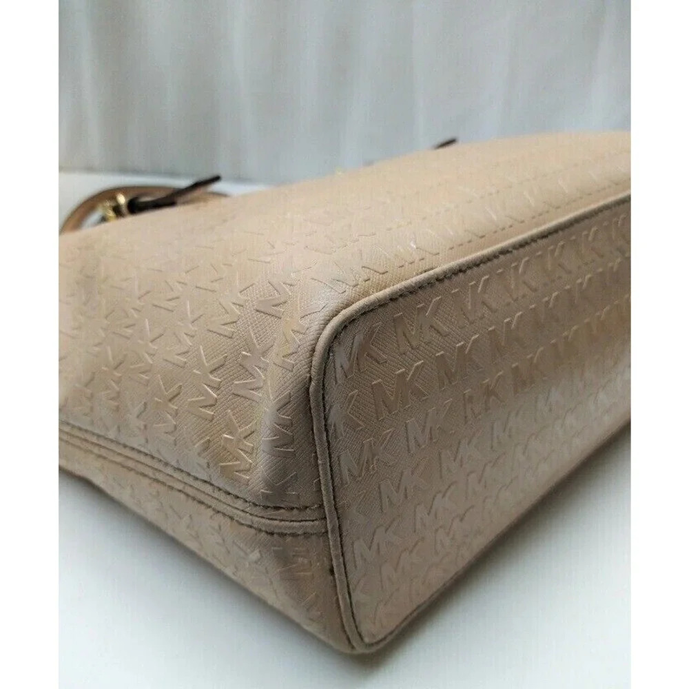 Michael Kors Beige Coated Canvas Leather Trim MK Printed Double Handles Tote Bag